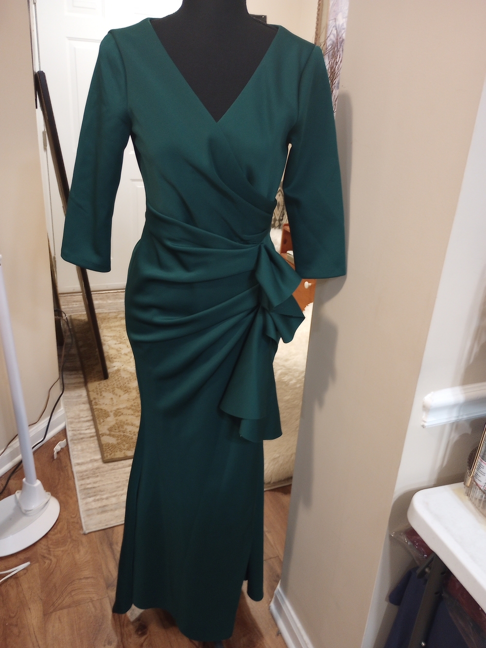 Elegant Teal Green V-Neck Ruched Evening Dress